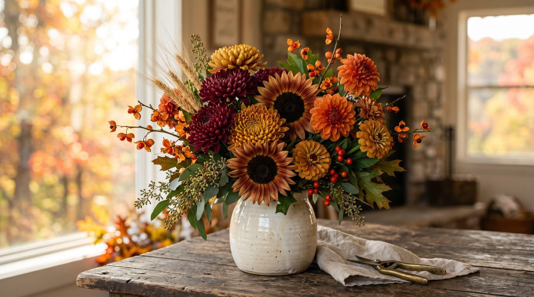 Autumn floral arrangement with burgundy and gold chrysanthemums, rust dahlias, and dried wheat in a cream vase on a Sedalia, MO farmhouse table