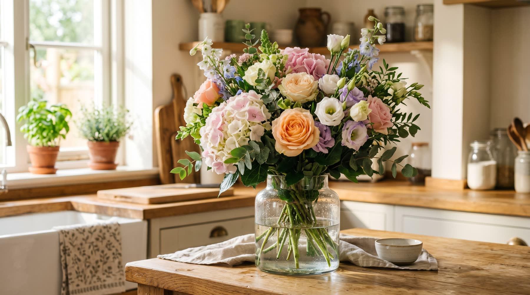 Fresh cut flower bouquet in a clear glass vase on a sunlit Sedalia kitchen counter