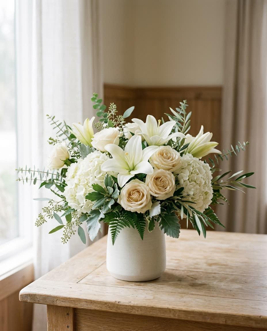 Soft white and cream sympathy arrangement with lilies and roses prepared for delivery to a Sedalia, MO funeral home