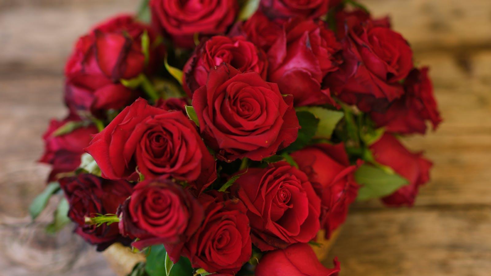 Dozen long-stem red roses arranged in a clear glass vase for Valentine's Day in Sedalia, MO