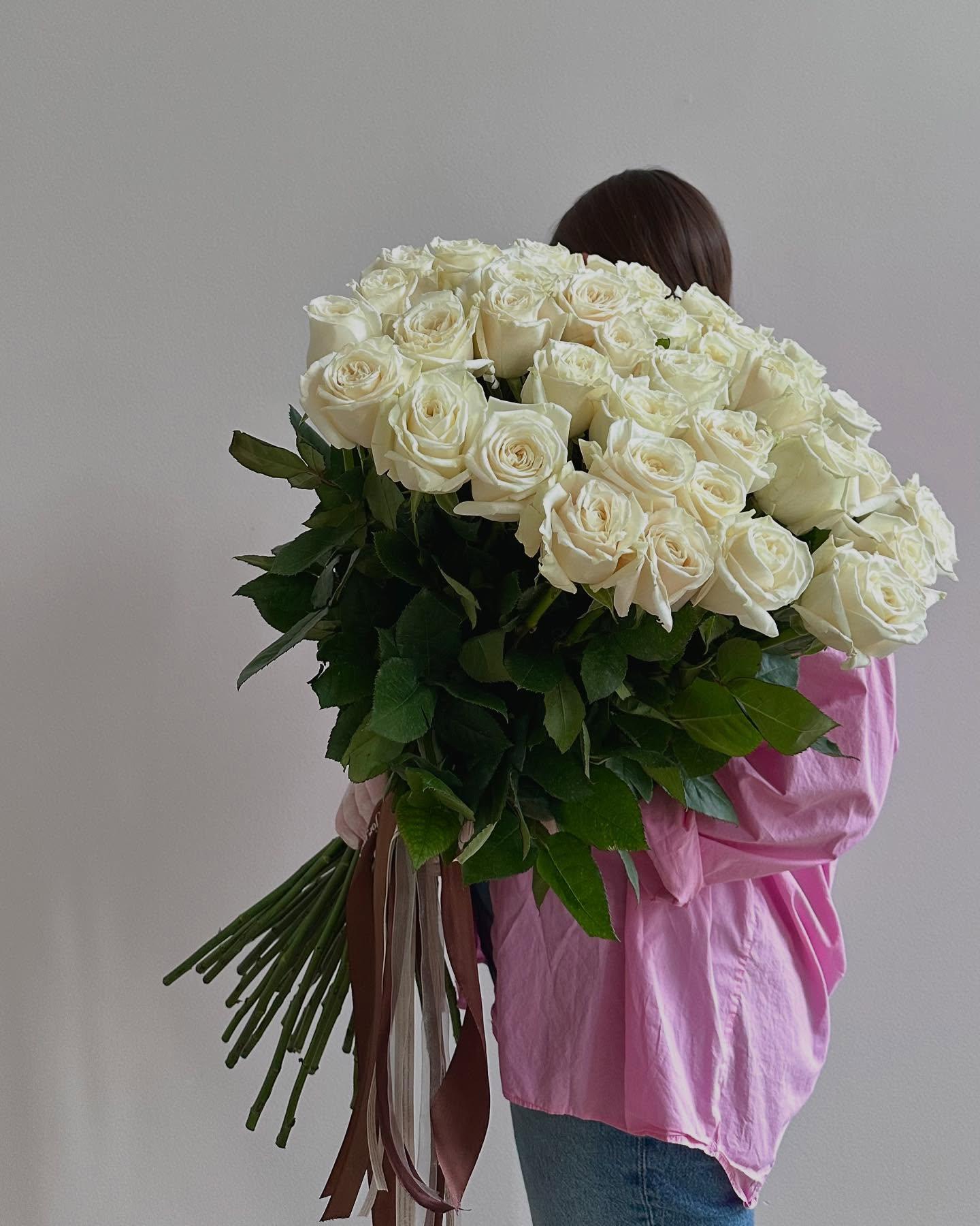 Oversized bouquet of three dozen long-stem white roses with satin ribbon — Sedalia florist